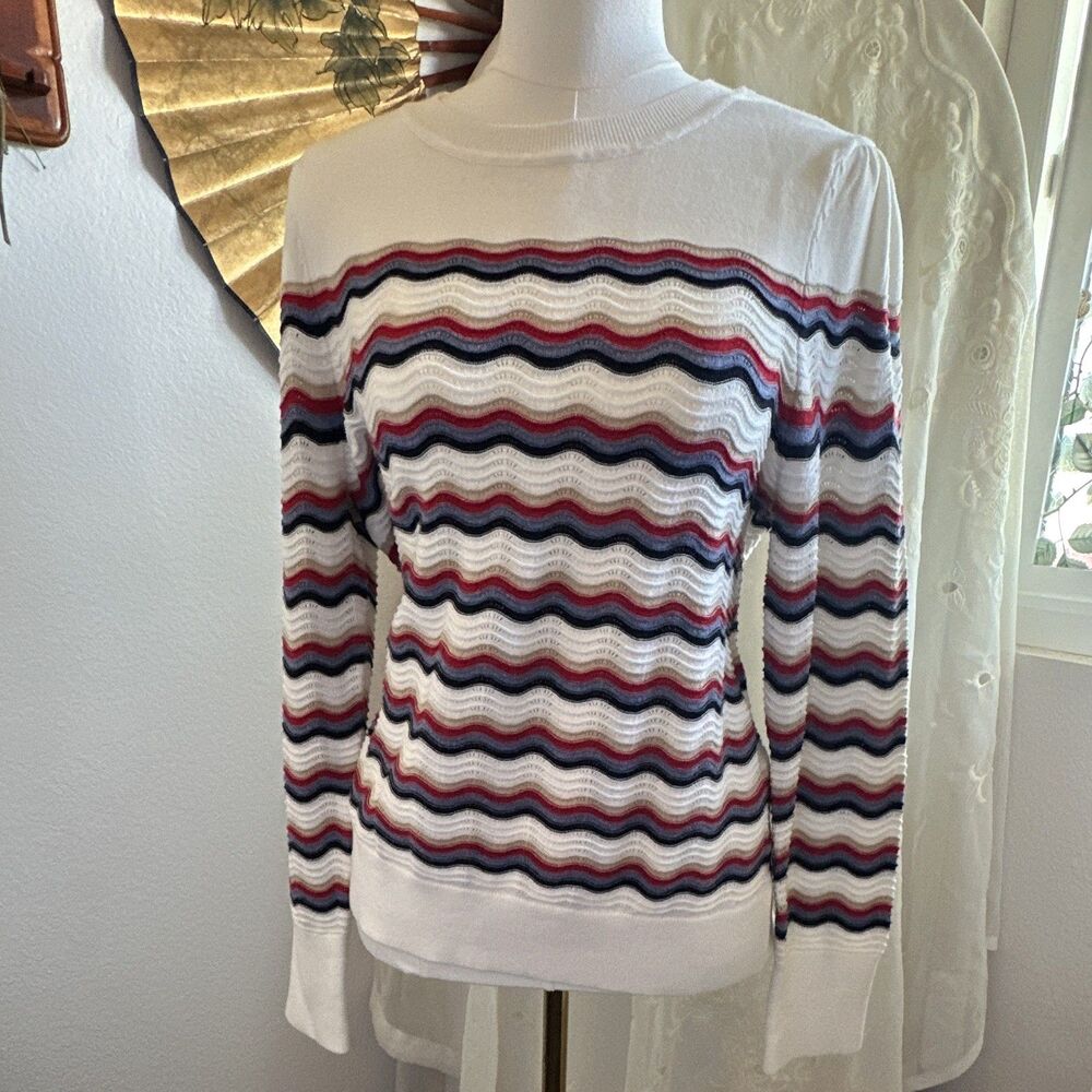 Tommy Hilfiger Women’s Striped Crew Neck Lightweight Cotton Knit Sweater L
